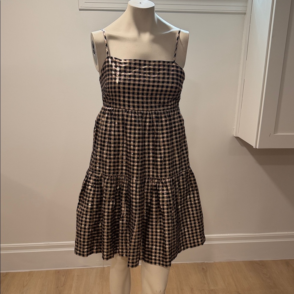 J. Crew Black and Gold Metallic Checkered Mini Dress